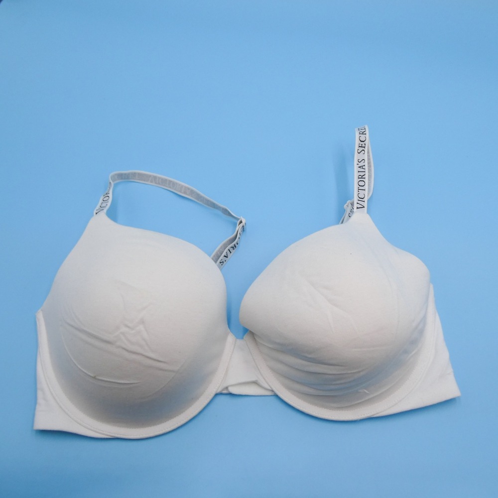 Victoria's Secret Bra Womens 38DD‎ T-Shirt Push-Up White Logo Straps Cotton